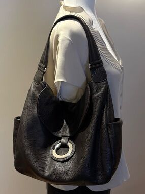Furla Chocolate Brown Leather Shoulder Bag with Silver Ring Detail